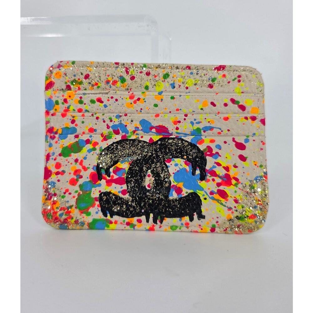 Anca Barbu Leather Credit Card Holder Wallet Hand Painted Rainbow Splatter CC